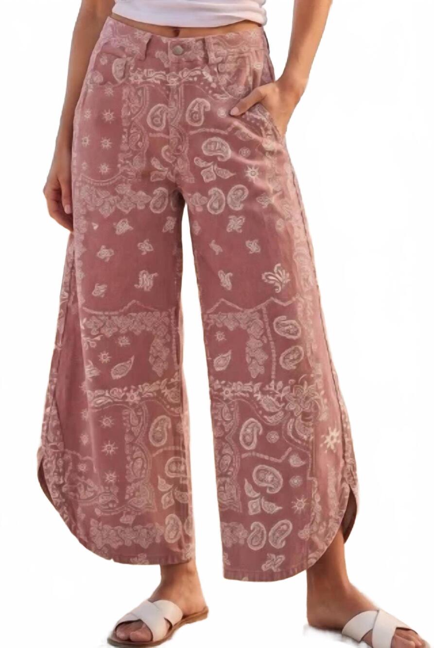 NEW LOVLOV tulip wide leg relaxed fit washed denim pants in marsala paisley
